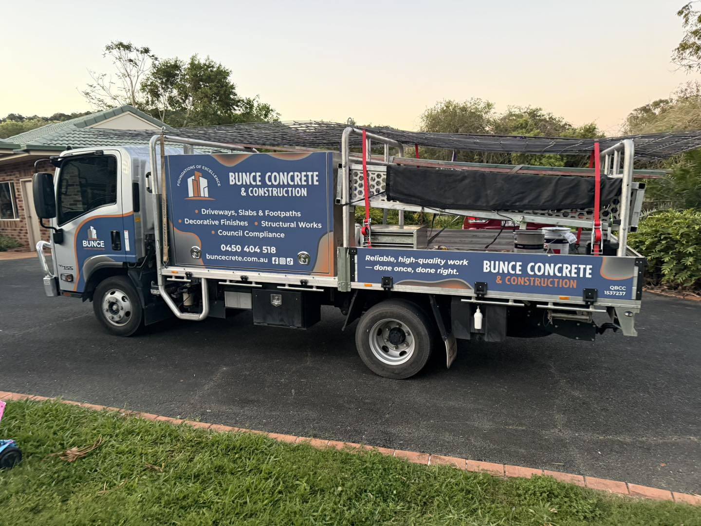 Bunce Concrete branded truck at dusk