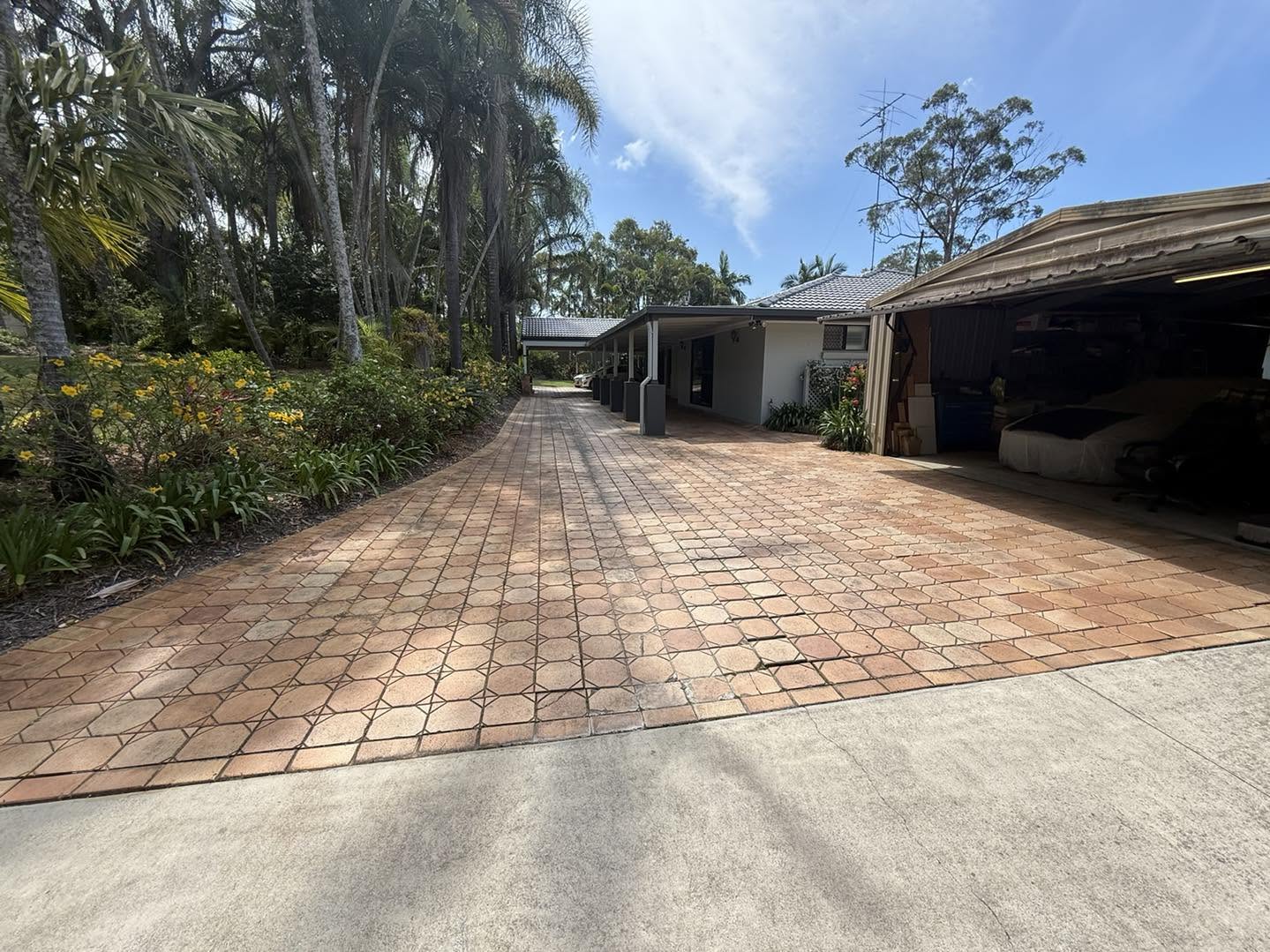 Wide view of stencil concrete driveway with tropical landscaping